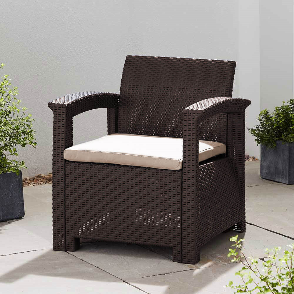Rattan Effect Armchair With Cushion Brown