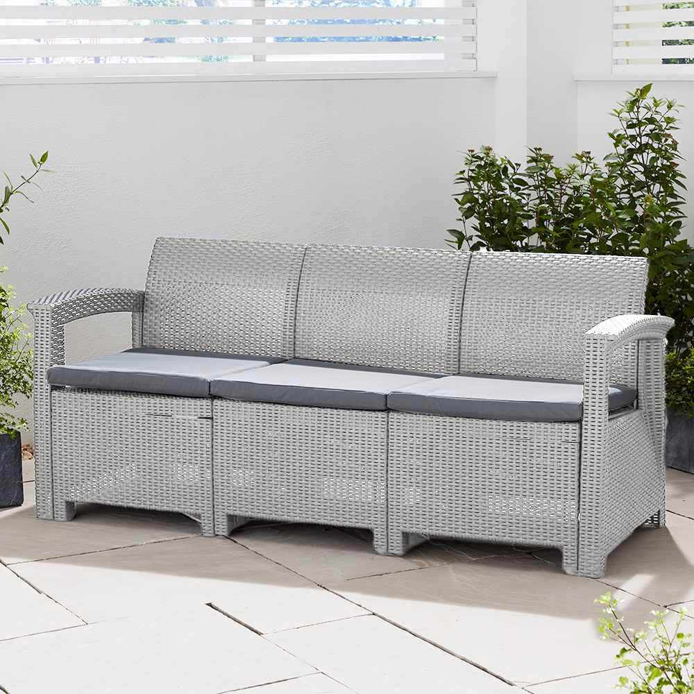 Rattan Effect 3 Seater Sofa With Cushions In Grey Grey
