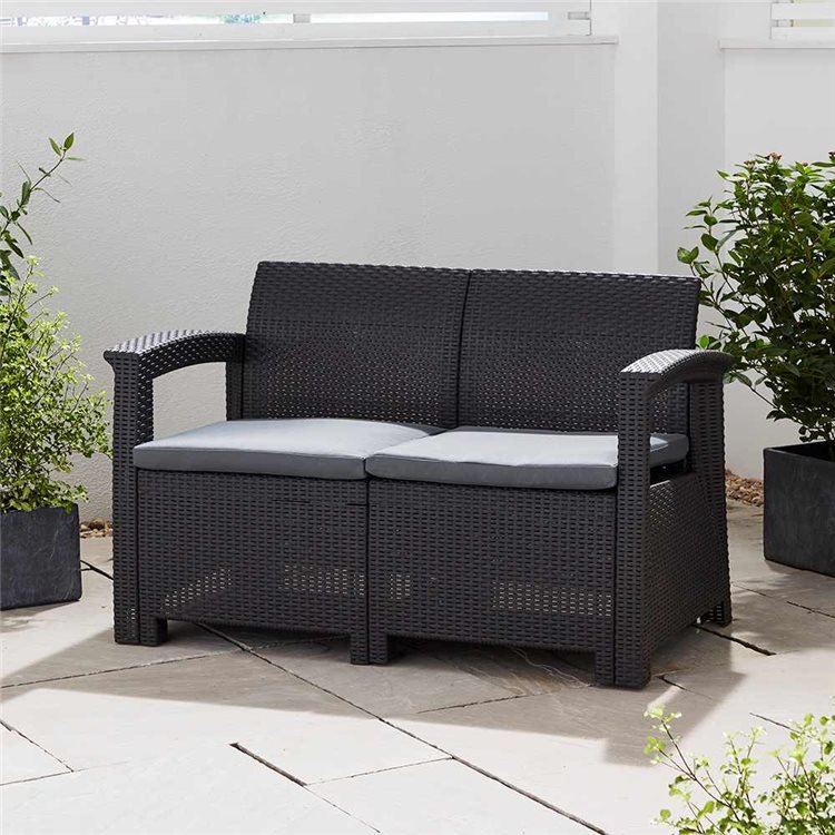 Rattan Effect 2 Seater Sofa With Cushions Graphite