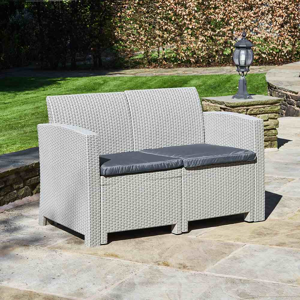 2-Seater Rattan Effect Sofa in Grey with Cushions | Marbella
