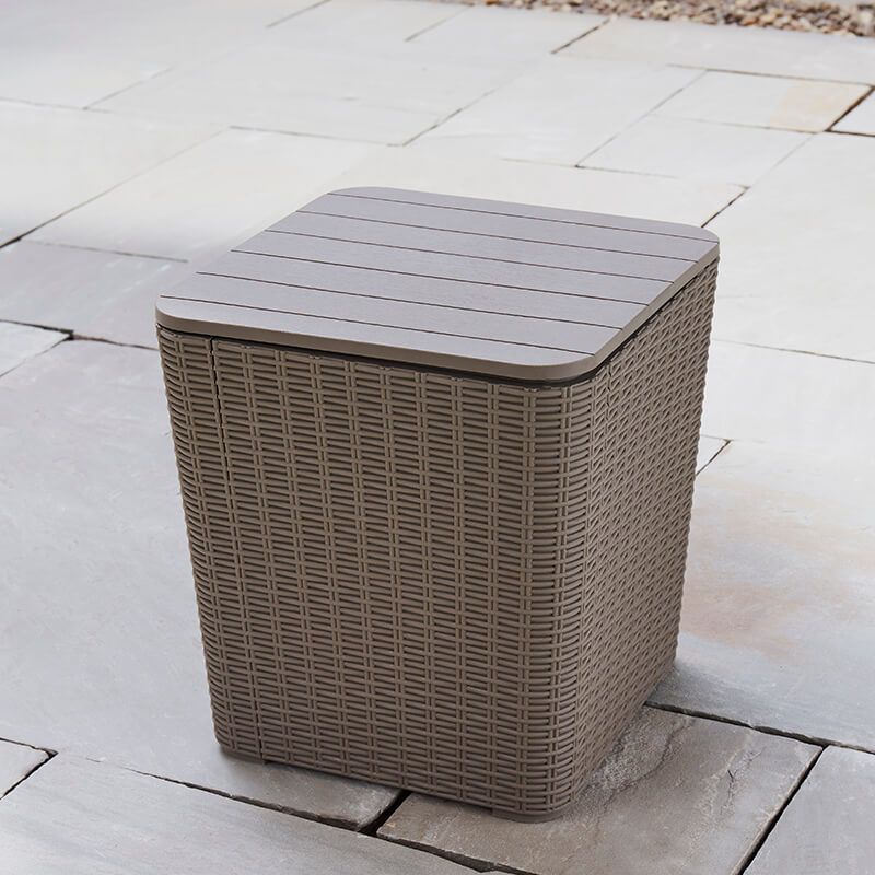Outdoor Rattan Effect Side Table Storage Box Seat With 43 Litre Capacity
