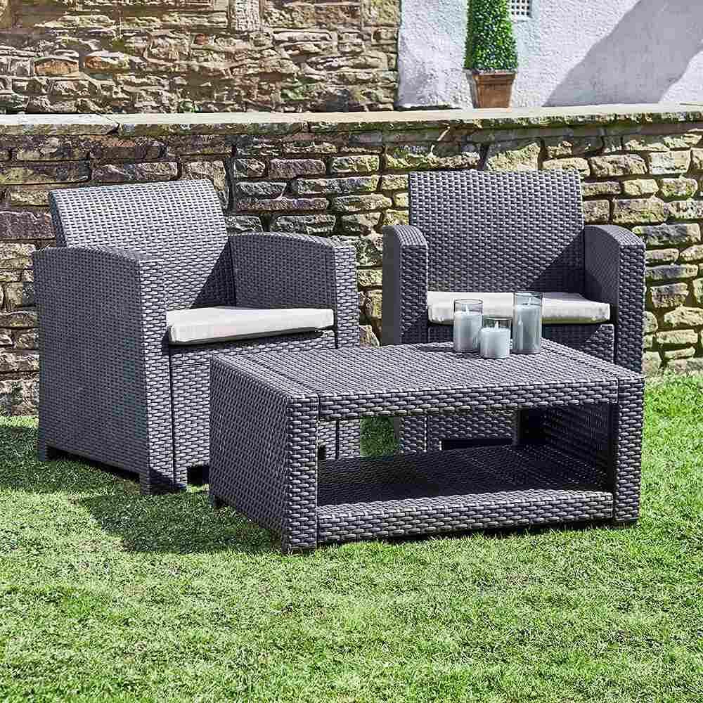 2-Seater Rattan Armchair Furniture Set with Coffee Table - Graphite