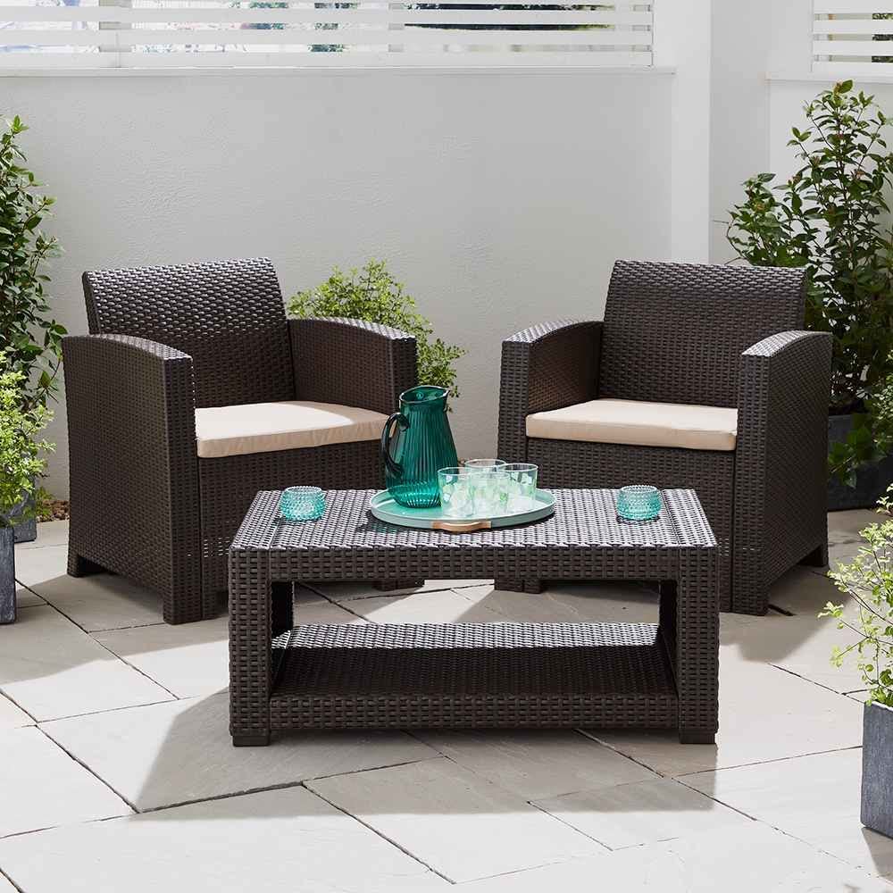 Marbella 2 Seater Rattan Effect Armchair Garden Furniture Set With Coffee Table Graphite