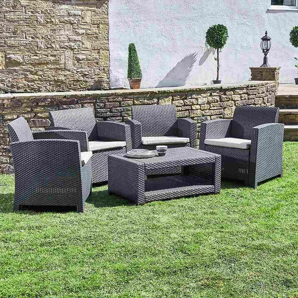 4 Seater Rattan Effect Armchair Set with Coffee Table - Graphite