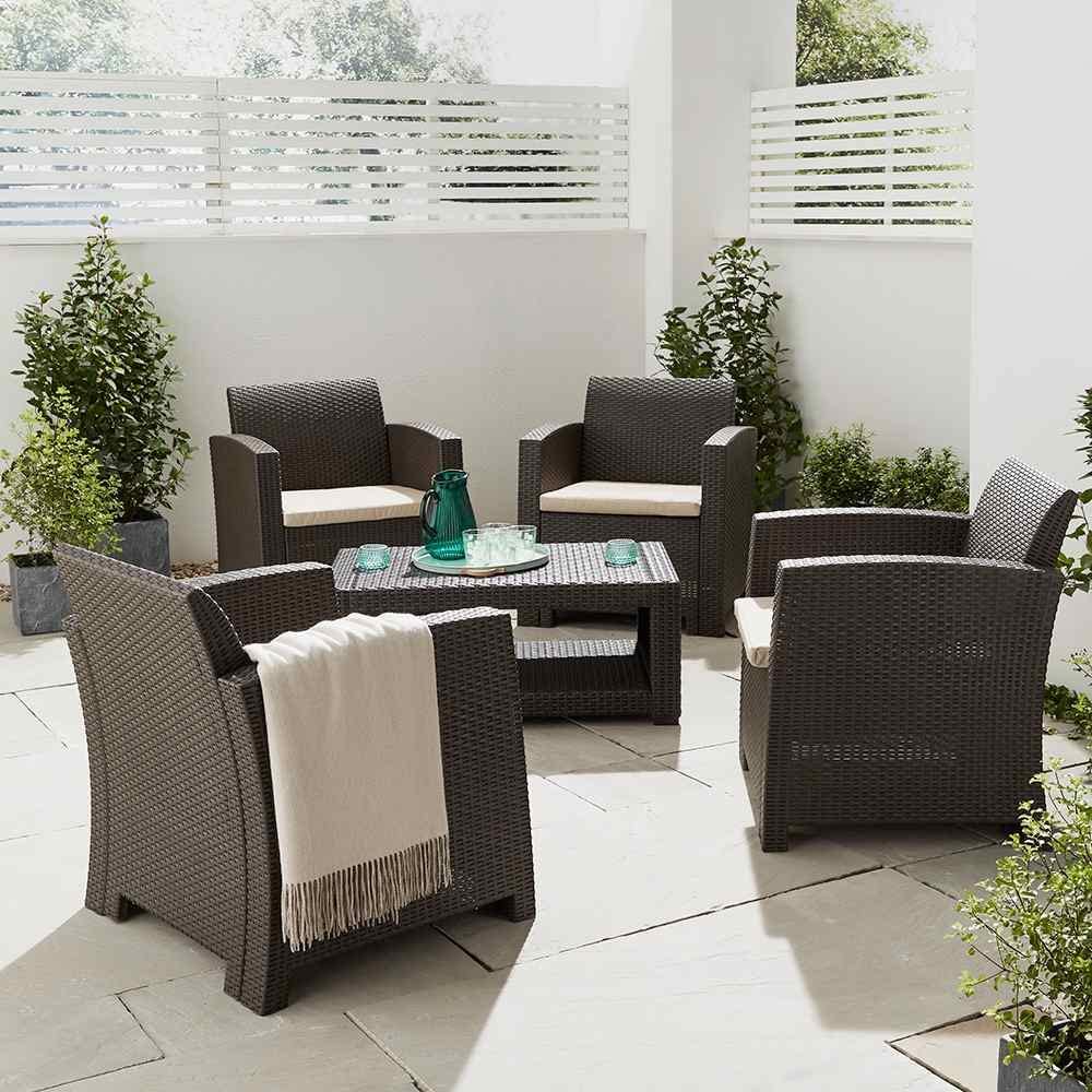 Marbella 4 Seater Rattan Effect Armchair Set With Coffee Table Brown