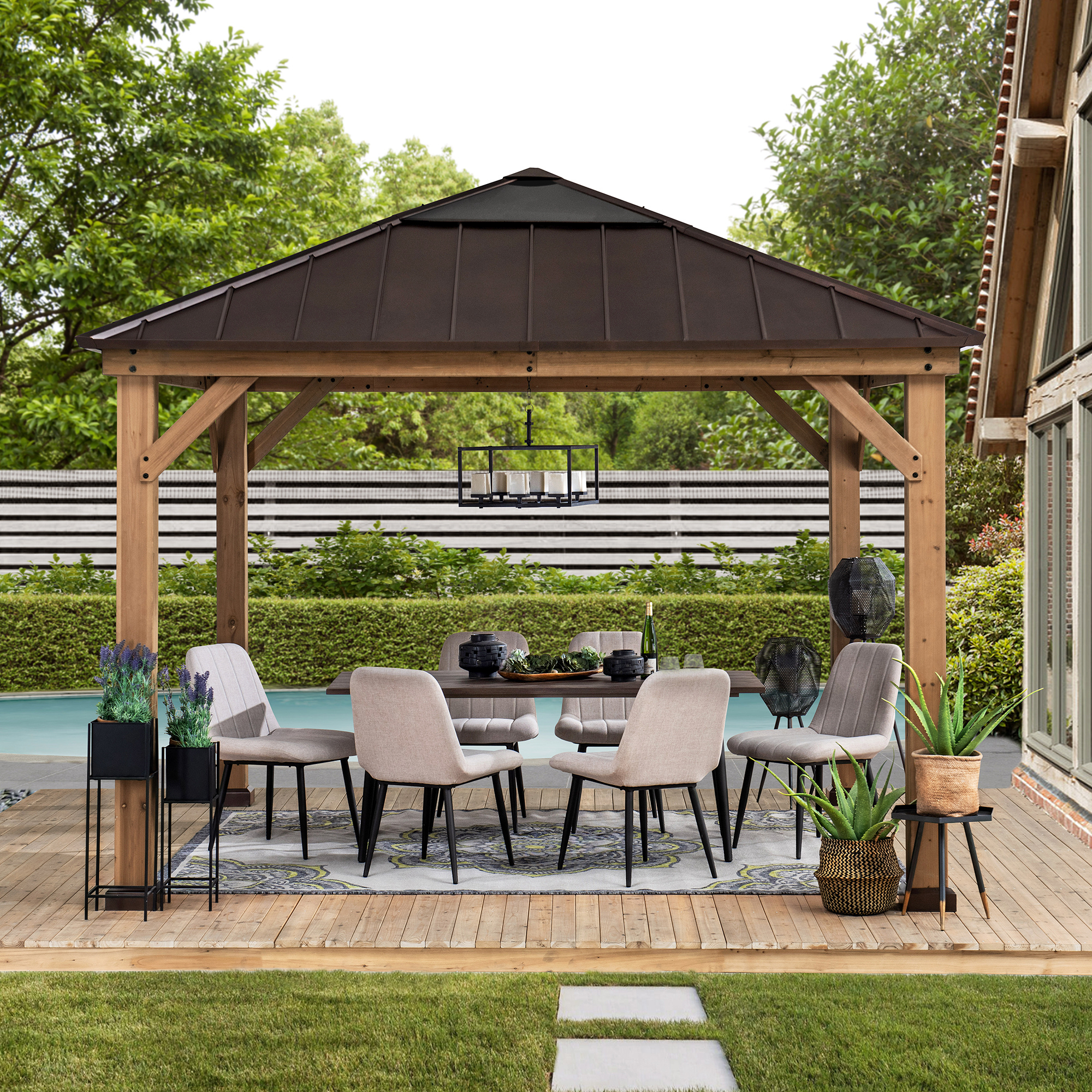 Click to view product details and reviews for Sunjoy Pirin 35m X 35m Cedar Framed Gazebo With Brown Steel And Polycarbonate Hip Roof Hardtop Sunjoy Pirin 35m X 35m Cedar Framed Gazebo.