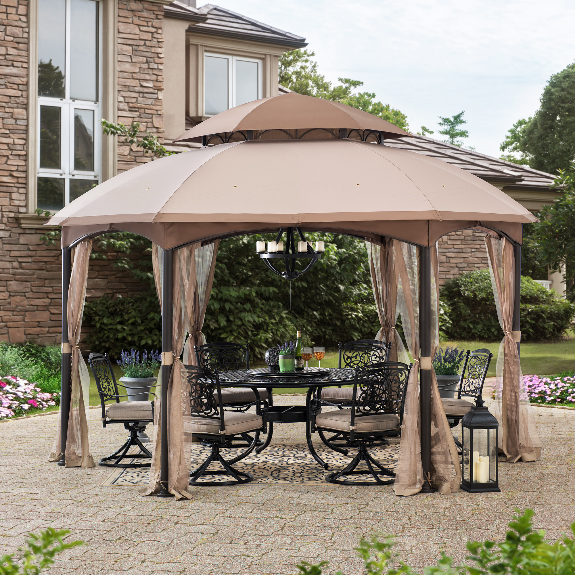 Click to view product details and reviews for Sunjoy Pindo 4x4m Brown Steel Gazebo With 2 Tier Tan And Brown Dome Canopy Sunjoy Pindo 4x4m Brown Steel Gazebo.
