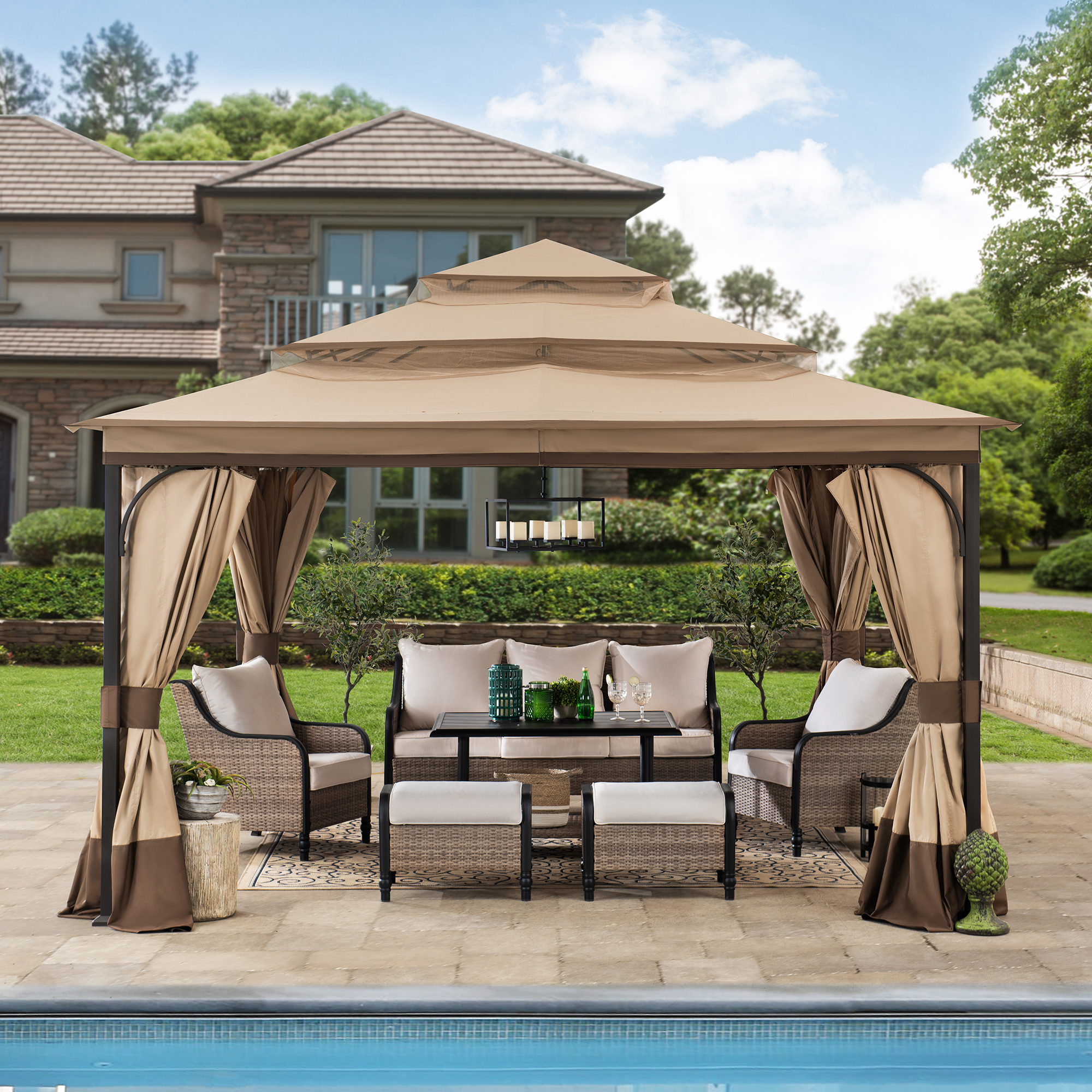 Click to view product details and reviews for Sunjoy Ropi 3x4m Rectangular Steel Gazebo With 3 Tier Tan And Brown Canopy Sunjoy Ropi 3x4m Rectangular Steel Gazebo.