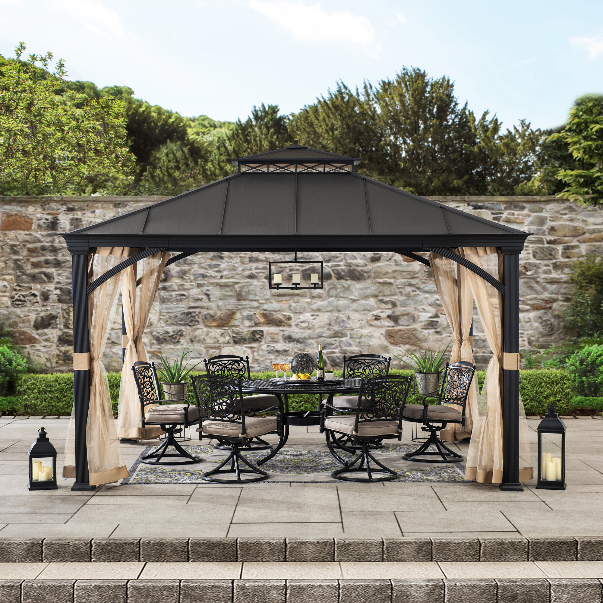Click to view product details and reviews for Sunjoy Torre 4x3m Black Steel Gazebo With 2 Tier Hip Roof Hardtop Sunjoy Torre 4x3m Black Steel Gazebo.