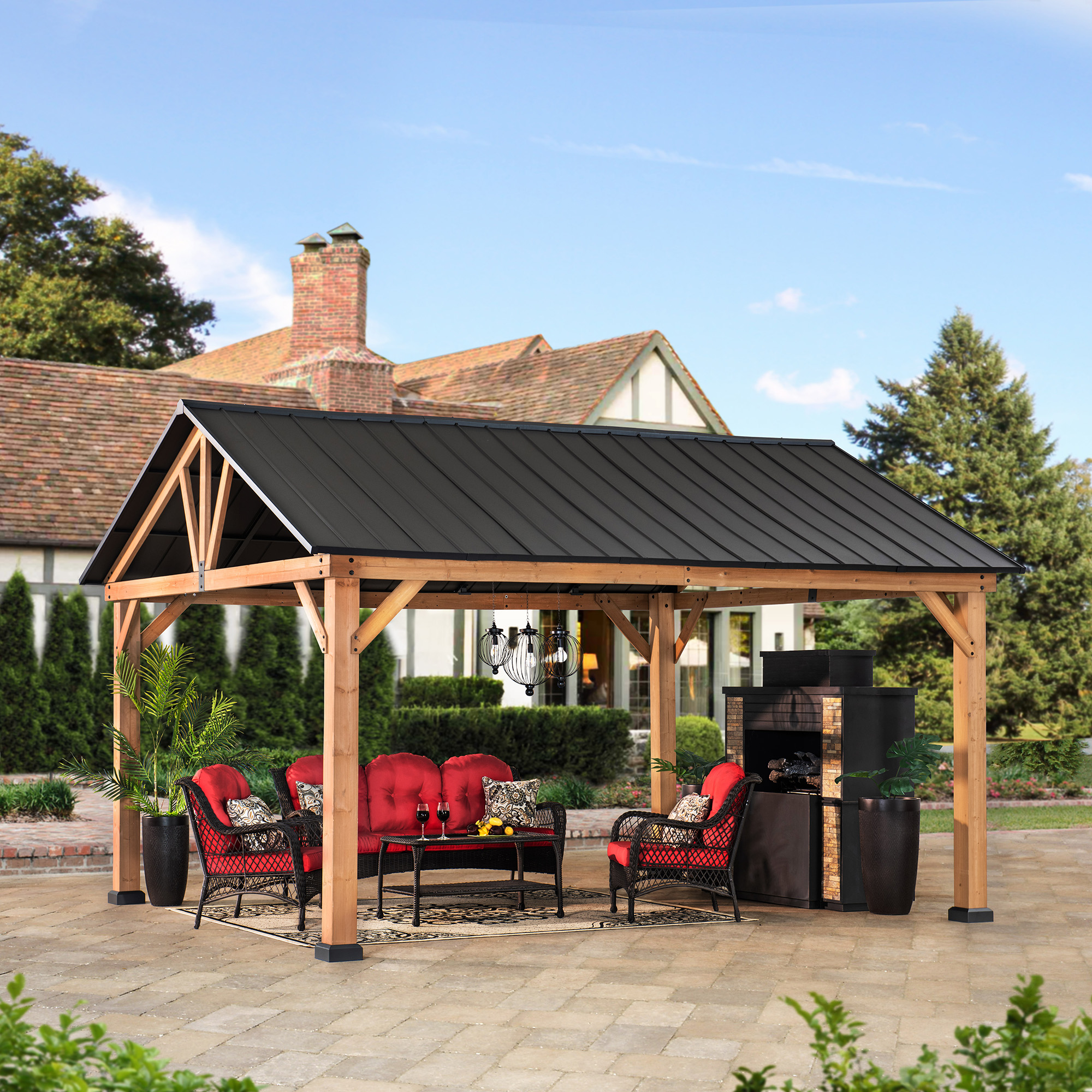 Sunjoy Rebra 4x4 5m Cedar Framed Gazebo With Matte Black Steel Gable Roof Hardtop Sunjoy Rebra 4x4 5m Cedar Framed Gazebo